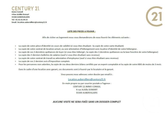 Appartement F2 à louer - 2 pièces - 48.7 m2 - AUBERVILLIERS - 93 - ILE-DE-FRANCE - Century 21 Immo Conseil